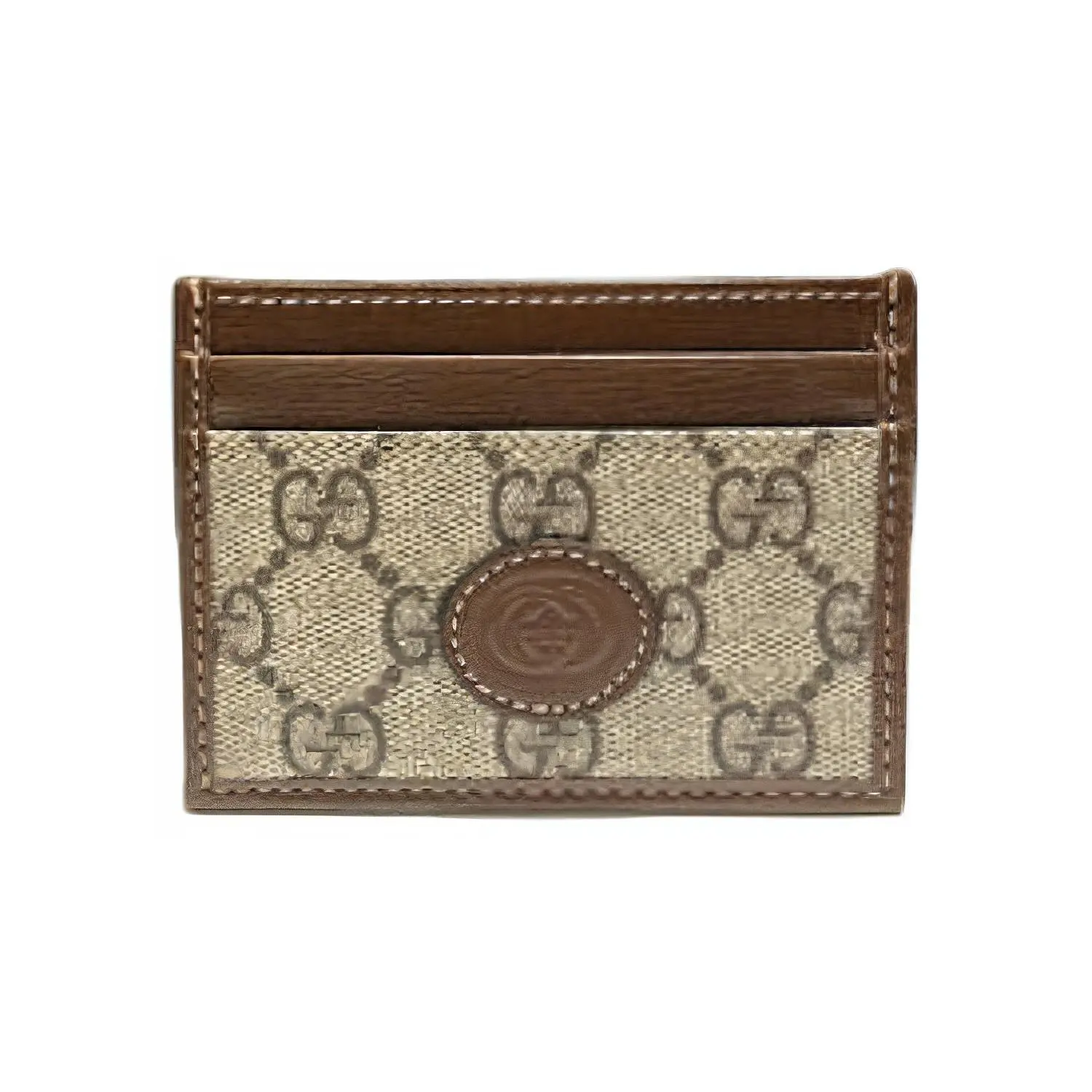 Gucci GG Monogram Canvas and Leather Card Holder, Ebony and Brown, Unisex Elegant Fashion Wallet (Women's Card & ID Cases Category)
