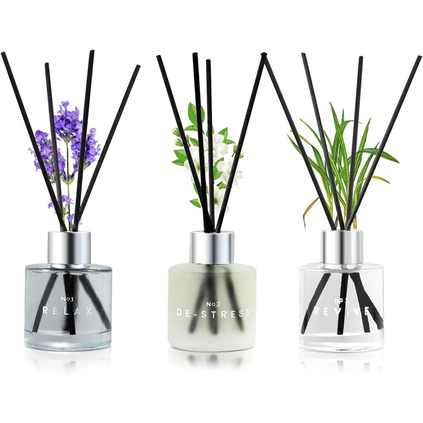 3-Pack Scented Reed Diffuser Set, 50ml Aromatherapy Diffusers with Lavender, Jasmine, Lemongrass Scents & 12 Black Fiber Sticks, Home Fragrance Air Freshener for Bedroom, Office, 8.2x6.6x2.1in