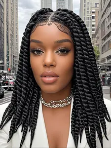 18 Inch Long Braided Lace Front Wigs for Women, Box Braided Wigs, Natural Fluffy Wigs with Baby Hair Bangs, Black Synthetic Wigs for Party, Daily Use
