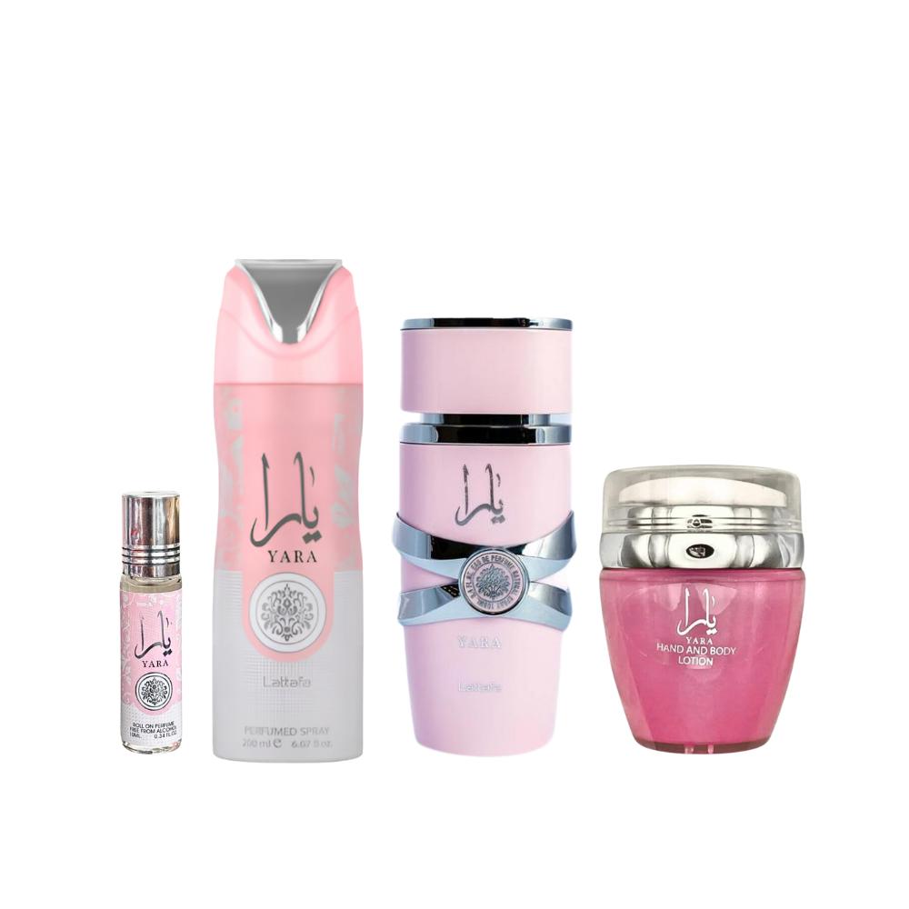 Lattafa Yara 4-Piece Luxury Fragrance Bundle for Women – 3.4 Oz Perfume, Body Spray, Perfume Oil & Body Lotion Lattafa Yara 4-Piece Luxury Fragrance Bundle for Women – 3.4 Oz Perfume, Body Spray, Perfume Oil & Body Lotion
