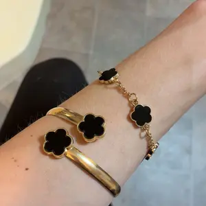 Luxury Emerald Matching Jewelry Set, 6pcs Clover Design Bracelet & Necklace & Earrings & Bangle & Ring Set, Elegant Accessories for Parties & Daily Use, Jewellery Gift Set