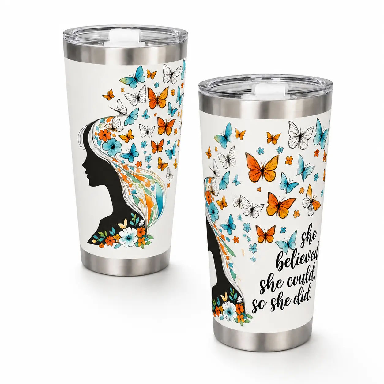 20oz Custom Name Stainless Steel Insulated Vacuum Flask - Leak-Proof Lid Travel Drinkware, Girl Butterfly-Themed Inspirational Gift