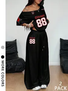 Women's Casual Vintage Sport Style Digital Graphic Print Off-Shoulder Fitted T-Shirt and Sweatpants Set, Perfect for Fall Winter Seasons