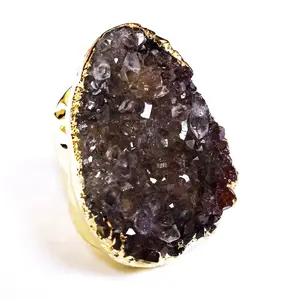 Men's Large Smokey Amethyst Geode Cocktail Dinner Ring 76.75 carats On Adjustable Wide Brass Band