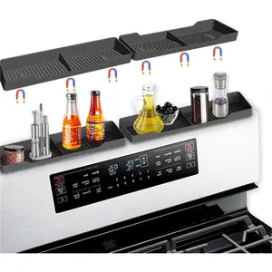 30 Inch Magnetic Silicone Stove Top Shelf Heat Resistant Spice Rack for Kitchen Space Saving Organizer with 6 Sticky Pads Fits Back of Stove Black 30x3.8