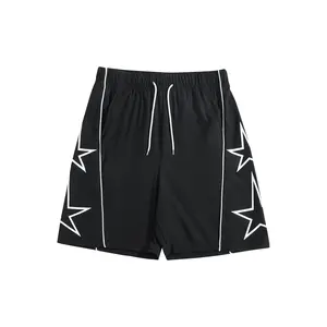 Men's Black Star Print Athletic Gym Shorts - Contrasting Lines, Drawstring, Highly Elastic, Breathable, Comfortable, Versatile Streetwear Clothing for Light Workouts and Everyday Wear