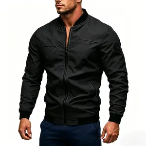 Men's Casual Flight Jacket, Lightweight Fabric Solid Color Zip-Up with Stand Collar and Ribbed Hem for Commuting