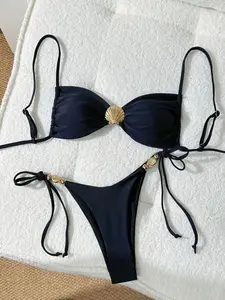Women's Vintage Hidden Blue Shell Metal Decorative Sexy Thin Straps Adjustable High Waist Slimming Two-Piece Swimsuit Bikini Set Adjustable Bikini Top