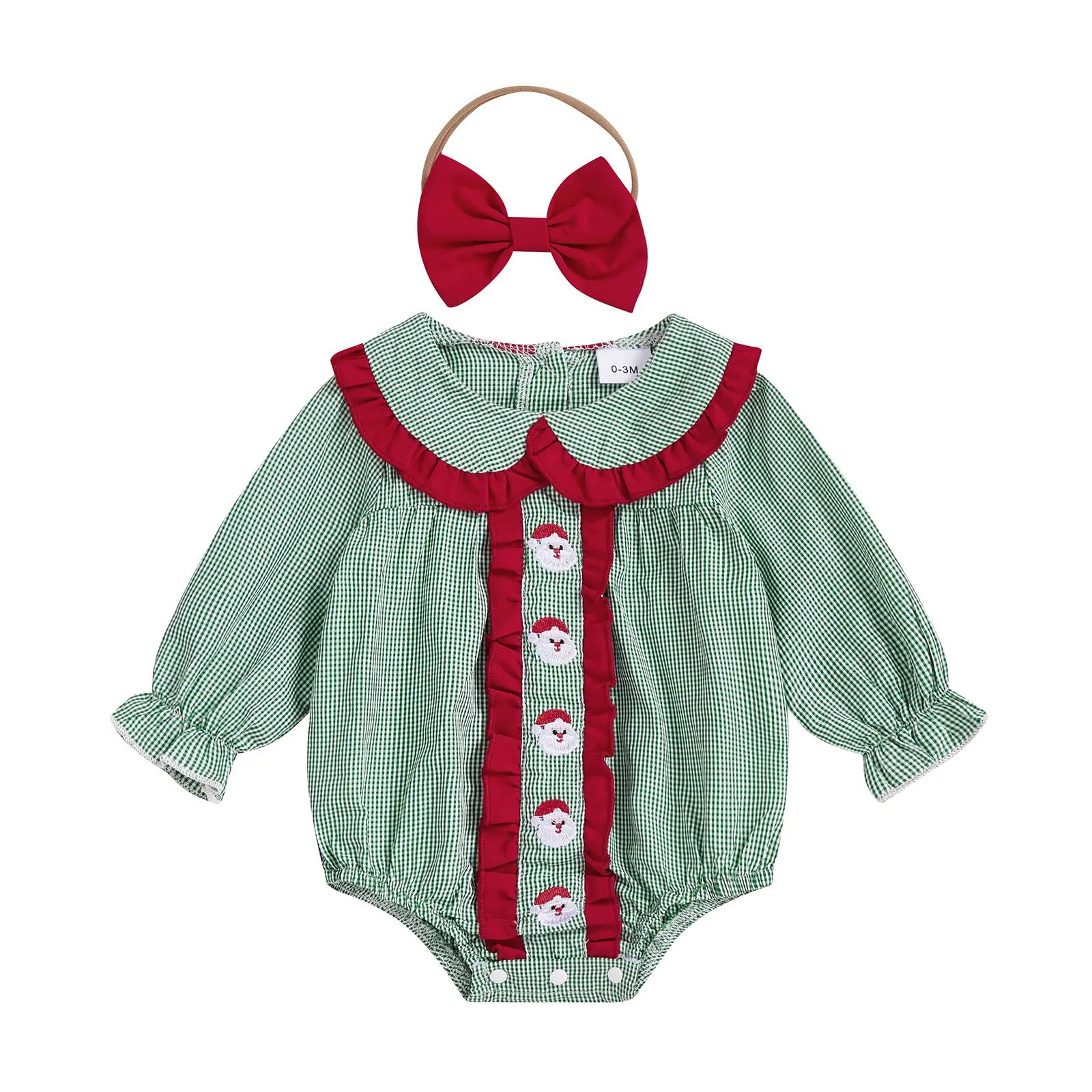 REDWOON Newborn Baby Girl Christmas Outfit Santa Ruffle Bubble Romper Peter Pan Collar Onesie Plaid Jumpsuit Smocked Outfits