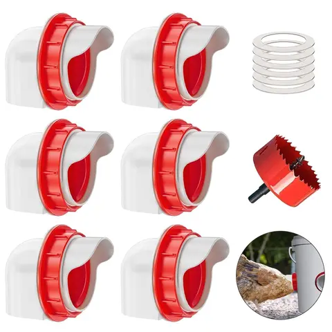 Chicken Feeders No Waste, DIY Automatic Poultry Feeder 6 Ports 1 Hole Saw with Covers Gravity Feed Kit for Buckets Barrels Bins Troughs