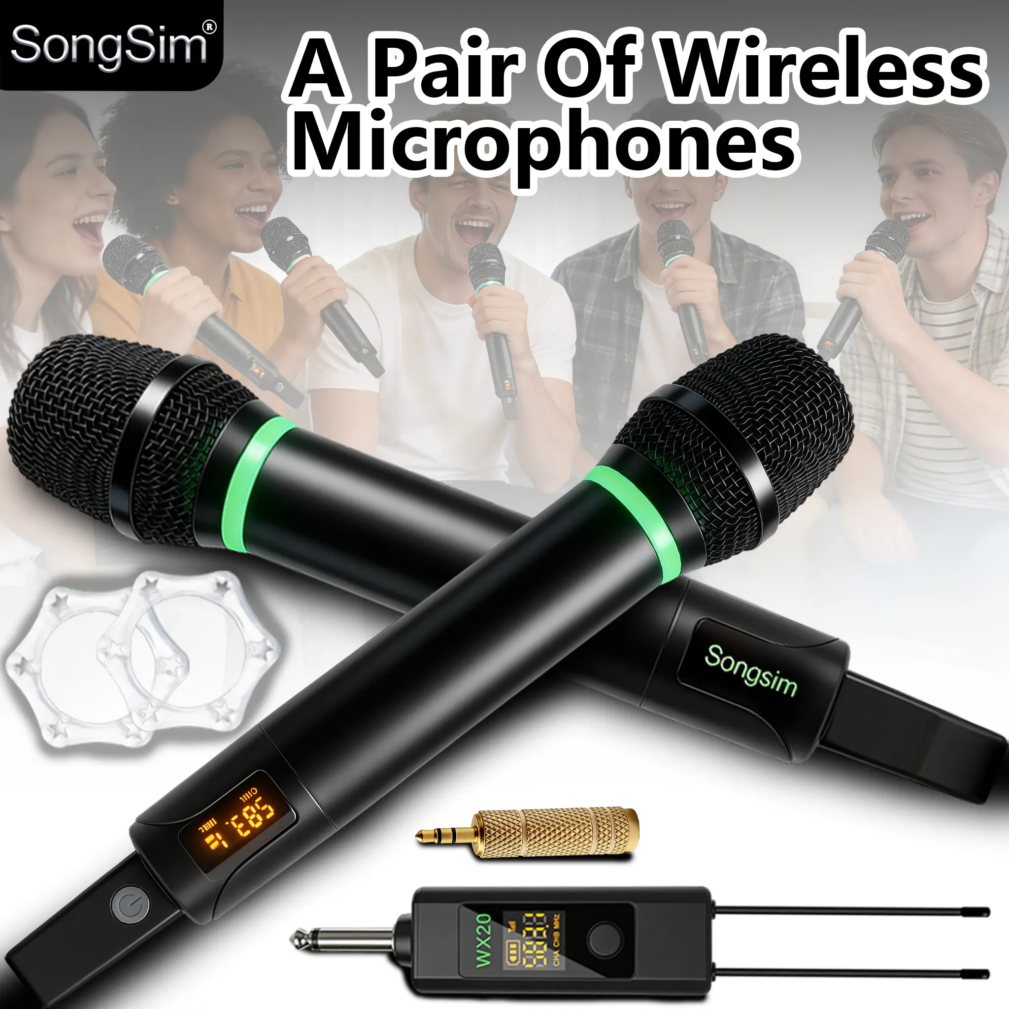 WX20 UHF Wireless Microphone System, Dual Rechargeable Handheld Dynamic Microphones, Plug‑and‑Play for Karaoke, Singing, Speech, Wedding, Church, Amplifier, Mixer