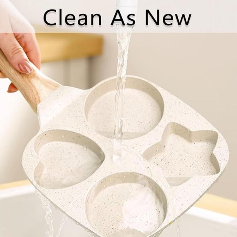 Non-stick Hole Design Egg Frying Pan, 4 Hole Skillet with Handle, Small Egg Fry Pan 4-in-1 Divided Grill Pan, Wooden Handle Stone Omelet Non-stick Cookware, Breakfast Pancake Pan, Kitchen Gadgets for Gas and Induction Cooktops gas stove