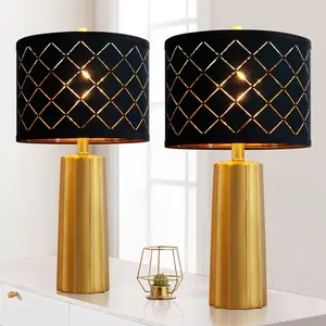 24” Golden Glow! Pillar lamp set with black gridded shade (Set of 2)