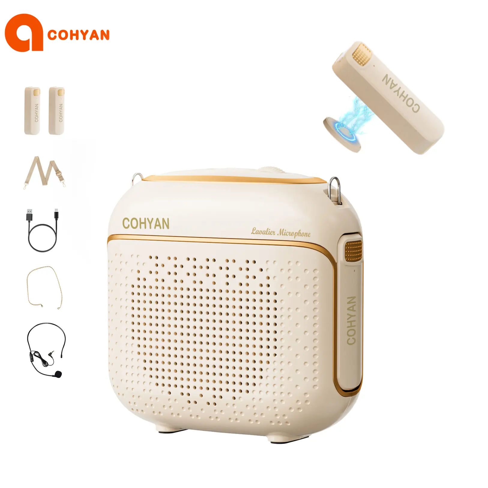 COHYAN K29 Portable Voice Amplifier with 2 Wireless Bluetooth Microphones, High-Definition Audio, Portable Speakers & Rechargeable Bullhorn Megaphone for Teachers, Classroom, Meetings, Beige,summerwins