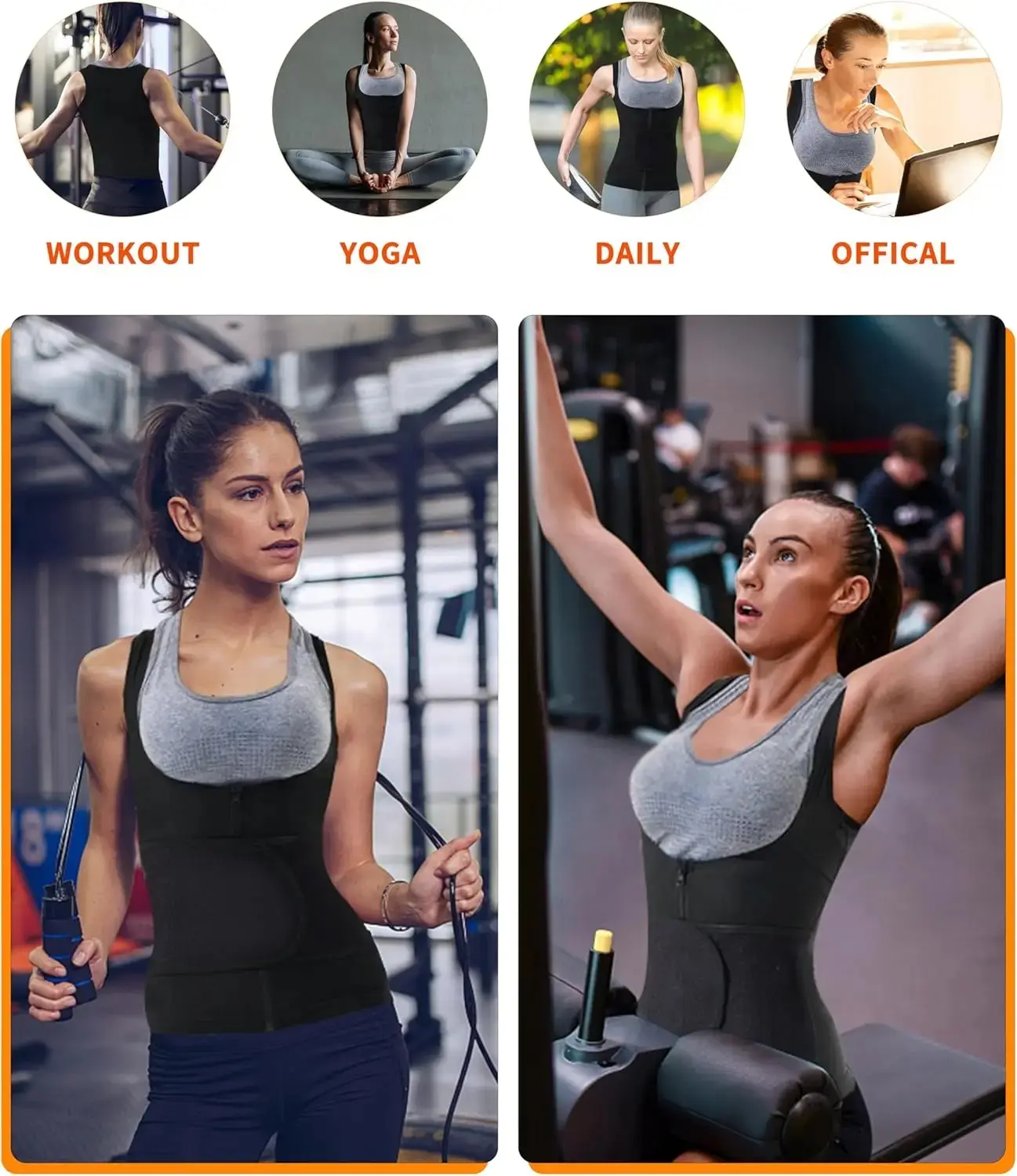 Women's Adjustable Zipper Spandex Compression Tank Top - Waist Trainer Shapewear with Tummy Control, Sweat Waist Trainer Sportswear for Gym Workout