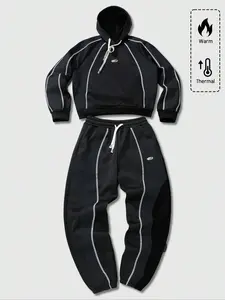 Oversized Color Block 2-Piece Tracksuit | Black & Gray Patchwork Hoodie + Jogger Pants | Contrast Stitching & Drawstring Design | Gen Z Streetwear Outfit for Winter Casual & Daily Errands Tracksuit Sets | Sweat Suit Set