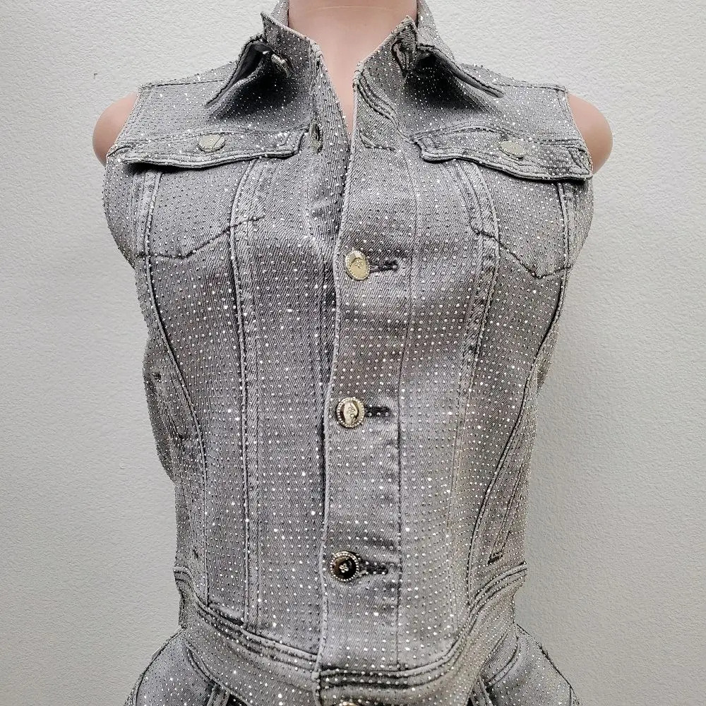 Women's Gray Rhinestone-Adorned Denim Vest
