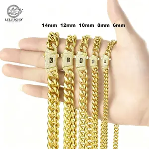 LuLuEcho Iced Out Clasp Miami Cuban Link Chain 14K Gold Plated | Non-Tarnish Chunky 6mm-14mm Streetwear Necklace For Him Her