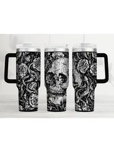 Gothic Skull & Roses 40oz Tumbler with Handle | Dark Art Insulated Cup | Trendy Tattoo Style Gift