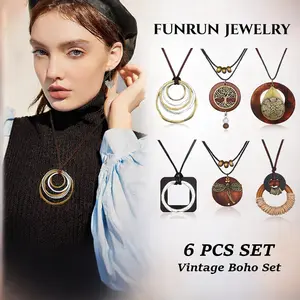 6PCS Boho Layered Long Necklaces for Women | Vintage Wooden Pendant Set | Trendy Dragonfly & Tree of Life Jewelry