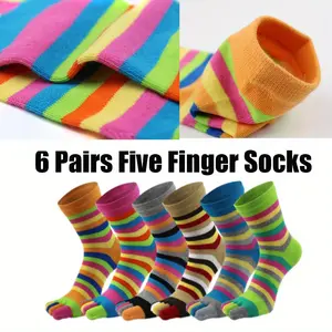 6 Pairs Comfortable Breathable Womens Socks,Five Finger Ankle Athletic Socks,Casual Rainbow Striped Summer Sock Fit Womenswear Fabric Bridal