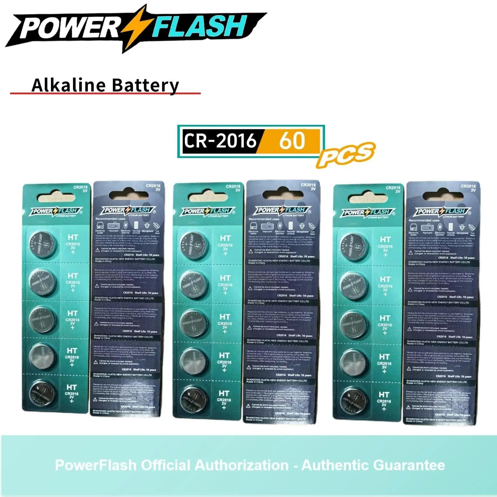 POWERFLASH 60-Pack 3V CR2016 Lithium Coin Cell Batteries, Non-Rechargeable Button Cell for Electronics