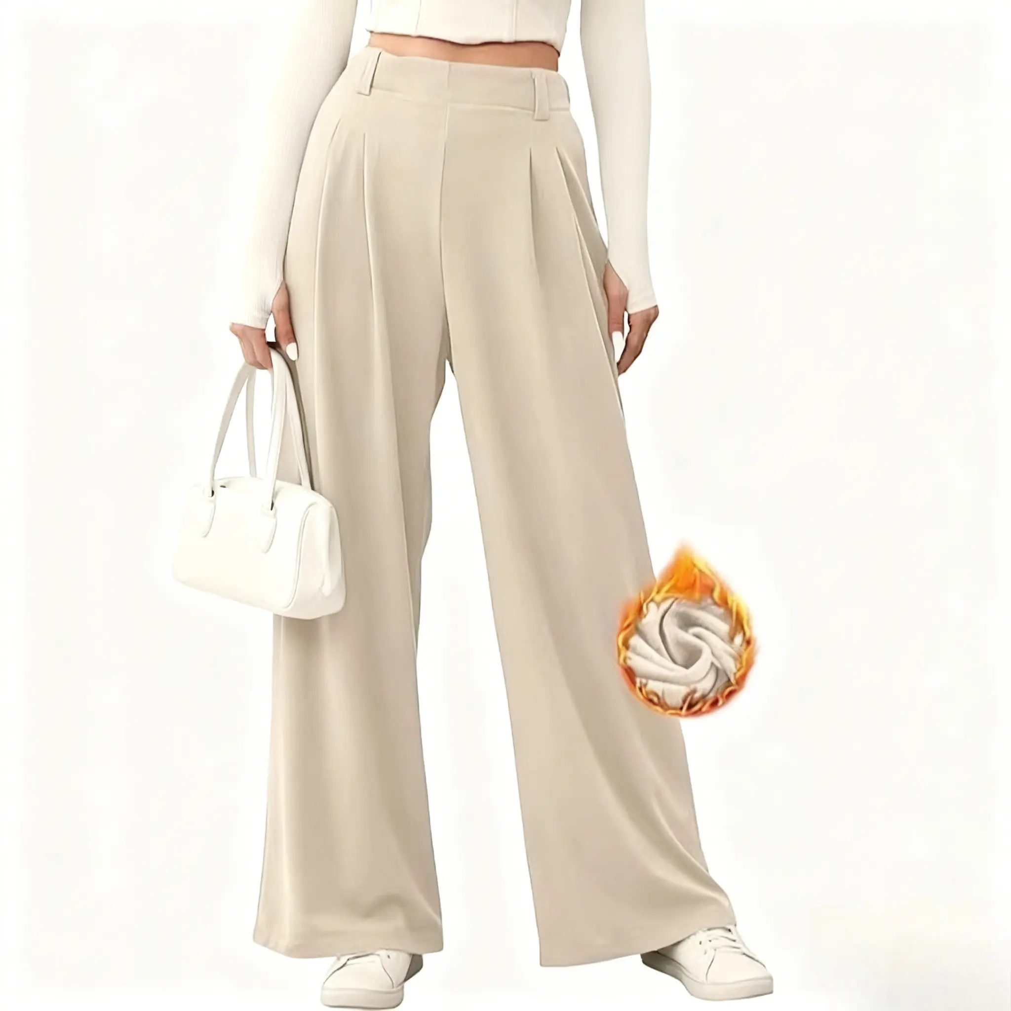 Women's Wide Leg Palazzo Pants - Elastic High Waisted Waffle Knit Fleece Lined Work Trousers with Pockets, 3D Cut Trend, Eco-Friendly Soft Fabric, Slimming Fit for Office & Daily Commute