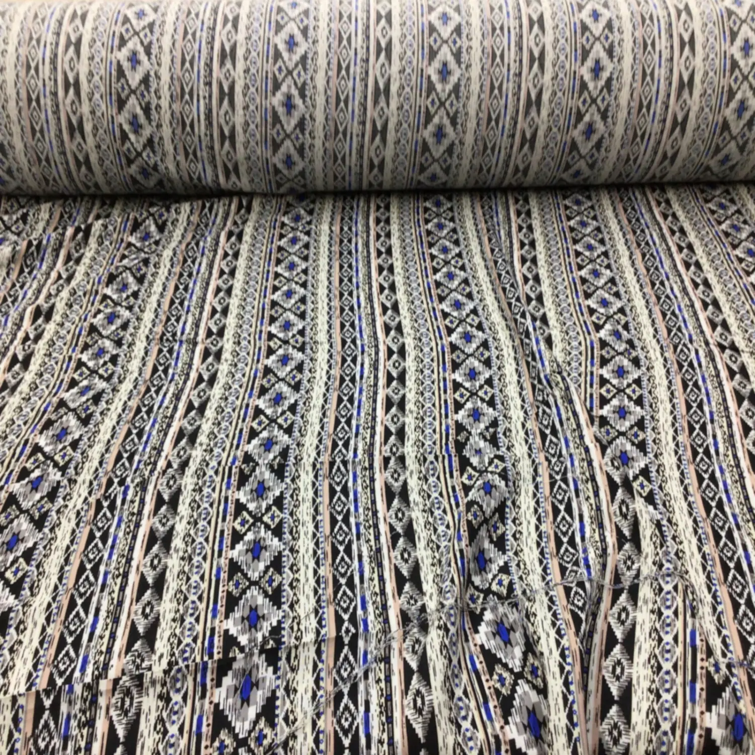 Fabric Challis Rayon Apparel Blue Tan Black Cream Aztec F422