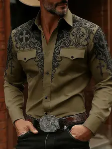 Men's Casual Western Shirt with Cross Scroll Pattern, Digital Print Design, Perfect for Daily Wear and Parties, Ideal Gift for Holidays