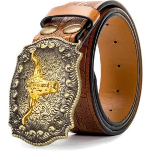 Western Cowboy-Belts for Men Big-Buckle Longhorn-Bull PU-Leather Rodeo Cowgirl-Belt Engraved Floral - Waist 25-38"