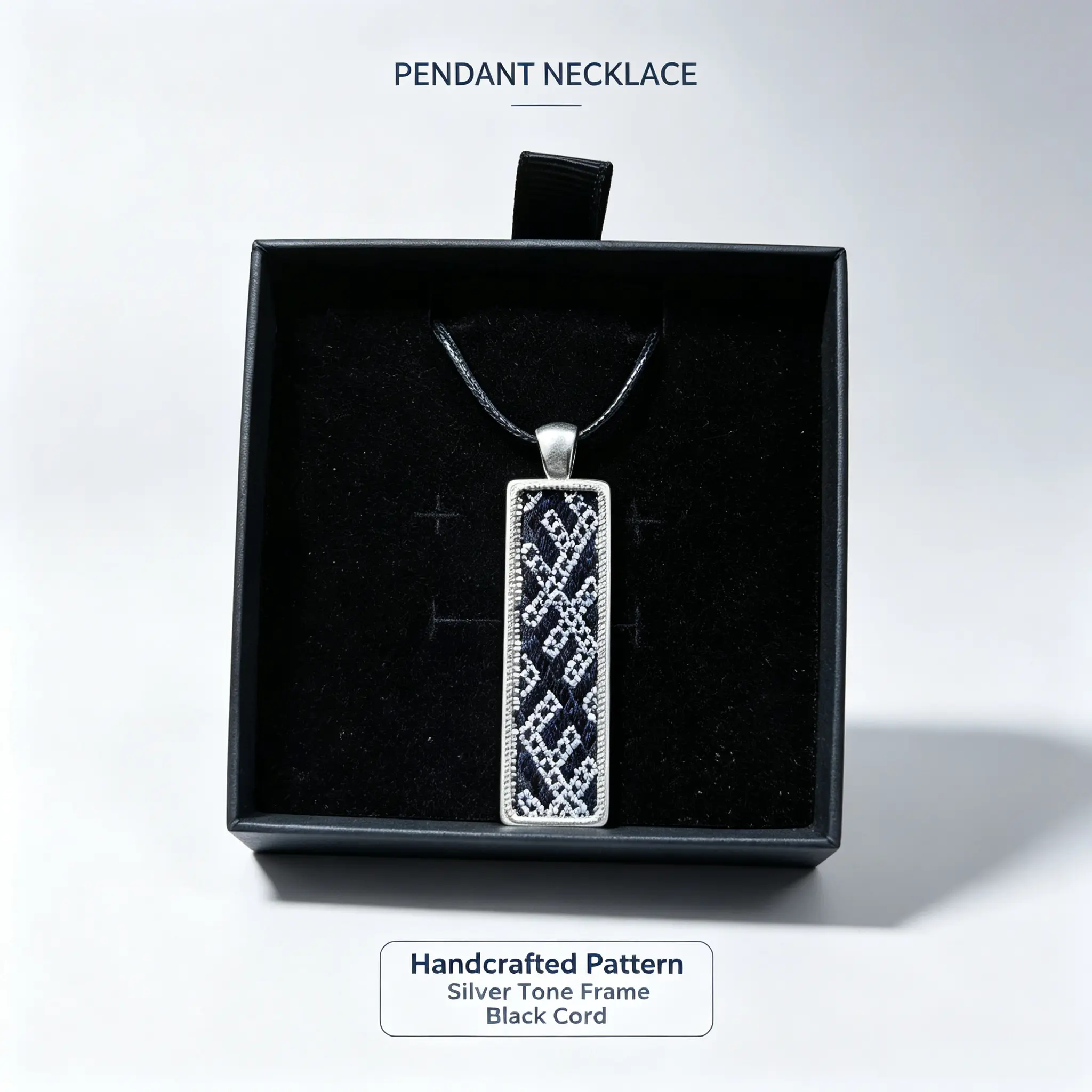 Women's Authentic Miao Tin-Embroidery Hand-Woven Pendant Necklace, Silver-Tone Rectangle Frame Ethnic Folk Art Jewelry with Black Cord, Cultural Handmade Gift in Gift Box