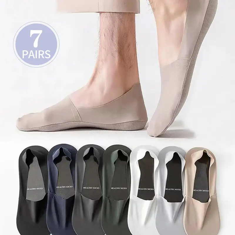 Men's 7 Pairs Solid Invisible Socks, Anti-slip Breathable Comfortable Socks for Daily Wear, Multi-pack Casual Socks for Men, Plain Invisible Socks, Sock Packs