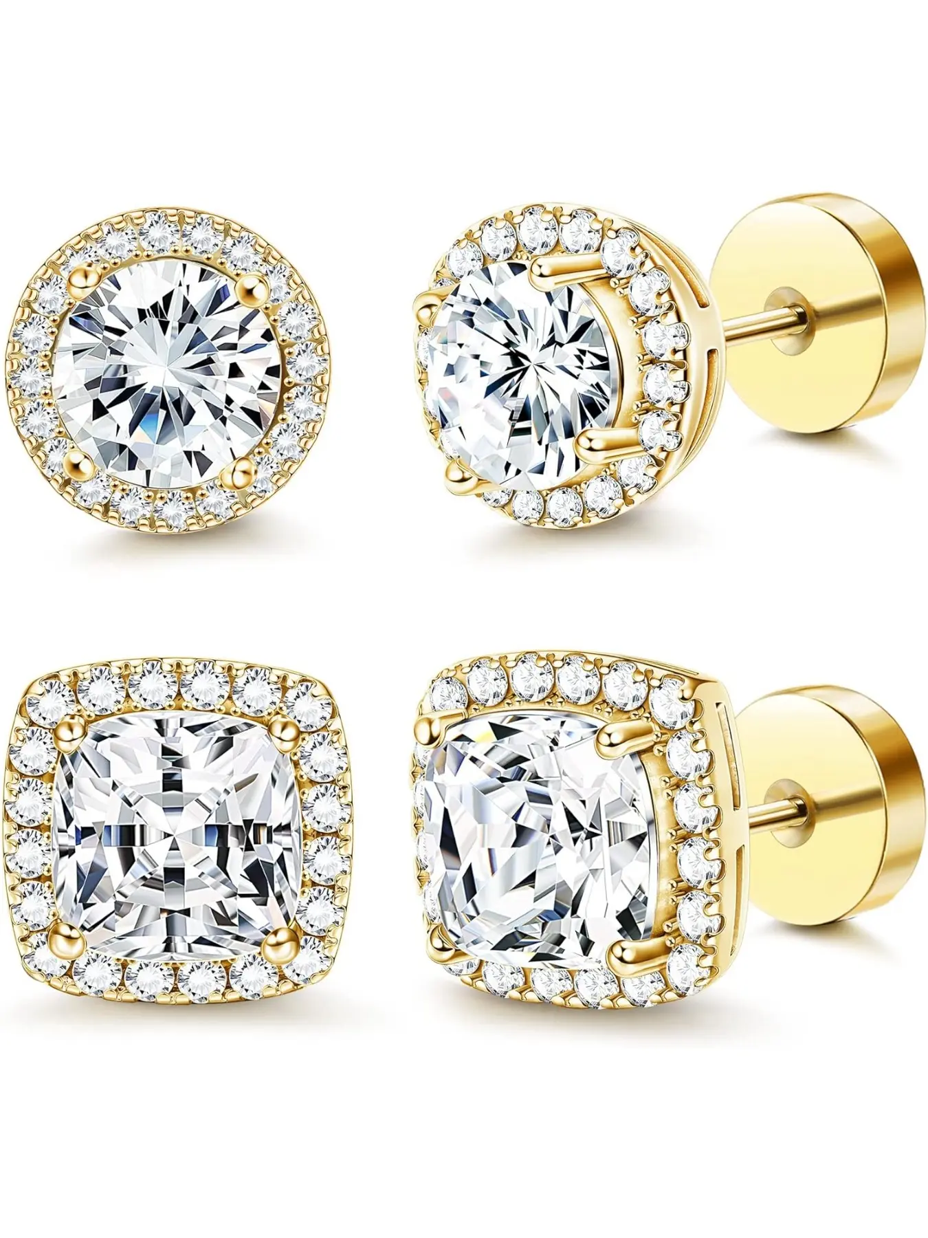 Flat Back Round Square Stud Earrings for Men Women Large Big Cubic Zirconia Stud Earrings Mens Earrings Flatback Earrings High Quality Earrings Stud Earring Jewelry Ear Studs