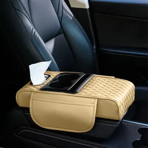 5-in-1 Car Organizer Cushion Center Console Pad Universal Fit for All Models Nappa Leather with Cup Holders Tissue Slot & Side Pockets Car Accessories Gift