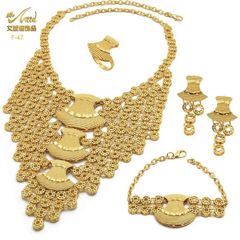 Women's Gold-Plated Ethiopian-Nigerian Style Bridal Artificial Jewellery Set - Long Copper Necklace for Wedding Parties, Elegant Jewelry Set, Copper Chain