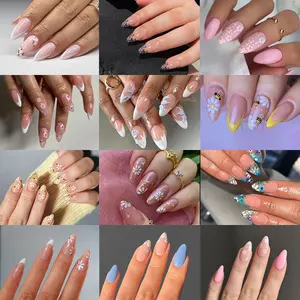 576pcs Medium Almond Press-On Nails, Blue Nude Colors, Glossy Finish, Summer Floral Design, for Women and Girls