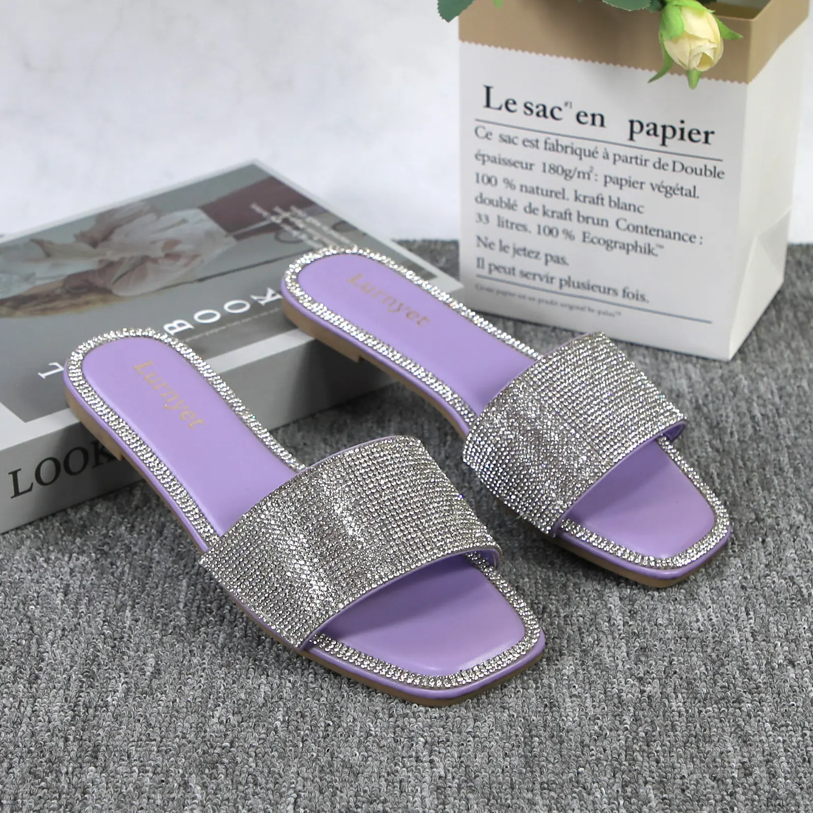 Women Purple Insole Full Rhinestone Square Toe Slide Sandals, Open Toe Crystal Border Flat Slip On Summer Slippers plush breathable sport Reindeer Memory Foam Christmas football