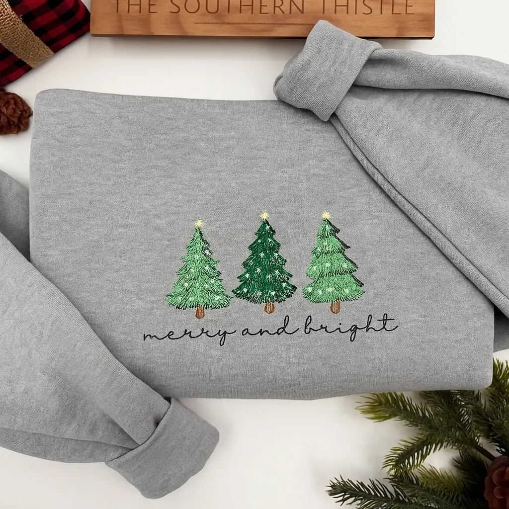 Embroidered Merry And Bright Christmas Tree Sweatshirt -Christmas Tree Sweatshirt - Embroidered Crewneck - Cozy Winter - Christmas Jumper