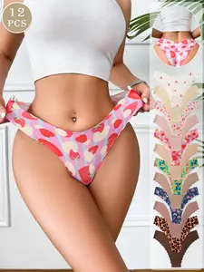 12 pieces of women's triangle panties, featuring a combination of printed and solid colors, with a wave-edge seamless scalloped low-waist design, soft and comfortable for year-round and everyday wear, Underwear, Brief Underwear
