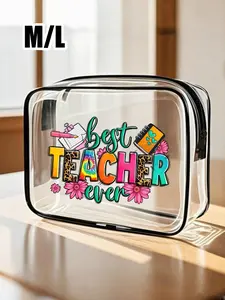 Teacher Theme Large Capacity PVC Travel Organizer Bag, Zipper Closure, 'best Teacher Ever' Print, Thank You Card, Portable Makeup Bag, Cosmetic Bag