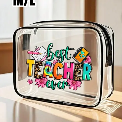 Teacher Theme Large Capacity PVC Travel Organizer Bag, Zipper Closure, 'best Teacher Ever' Print, Thank You Card, Portable Makeup Bag, Cosmetic Bag, Cosmetic Travel Bags