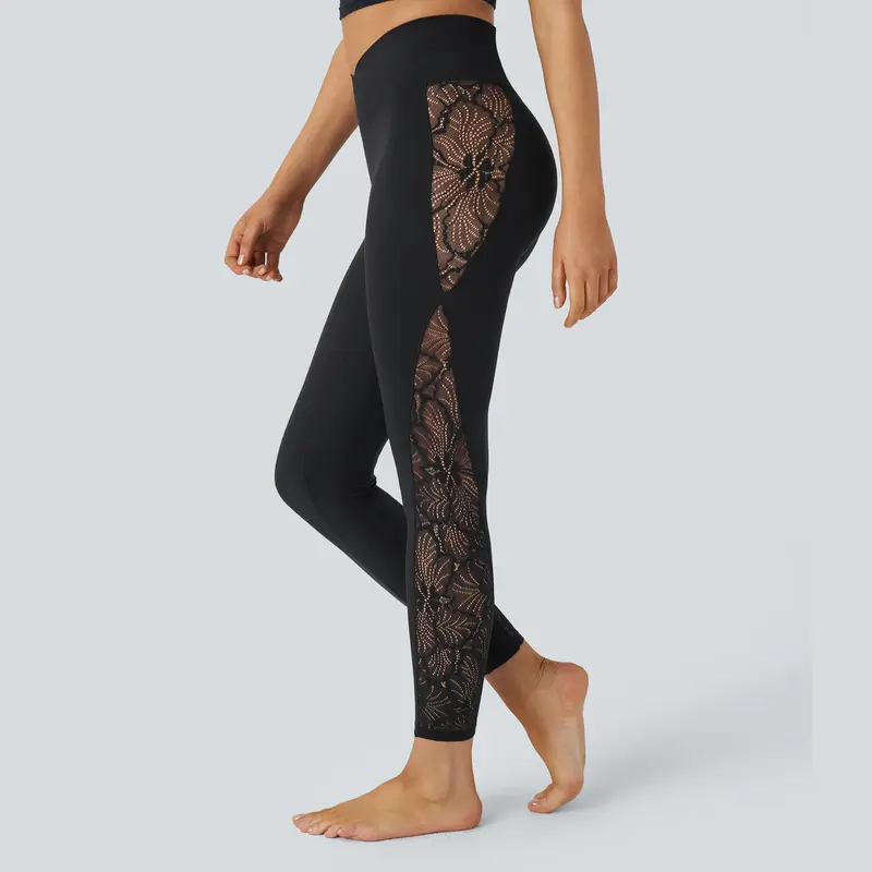 Halara SoftlyZero™ High Waisted Crossover Contrast Lace Pocket Yoga Leggings-UPF50+
