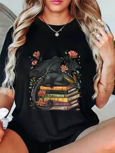100% Cotton Cute Dragon Books Cottagecore Flower Bookworm Book Lover T-Shirt