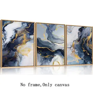 3pcs Blue and Gold Canvas Wall Art Set, Medieval Modern Abstract Decor, Navy Ink Wash Painting, Unframed Art Print for Living Room Bedroom Dining Office