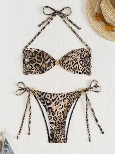 Leopard Print Halter Crop Top & Side Tie Bikini Set - Sexy Summer Vacation Swimwear