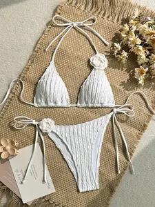 Women's Ruched Texture Floral Halter Bikini Swimsuit, Sexy Sleeveless Triangle Cup Beach Vacation Swimwear, Slim-Fitting Drop Waist, Ruched Bikinis, Triangle Bikini Sets