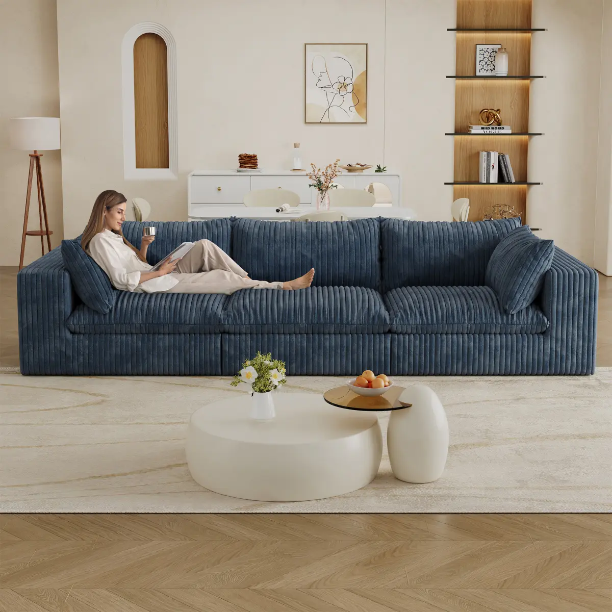 118" Corduroy Modular Sofa Sectional Boneless Couch, Oversized 3-Seater Cloud Couches with Removable Cushion, No Assembly Required, Deep-Seat Cozy Fluffy Couches for Living Room | Compression, Free Combination, Luxurious, Throw Pillow