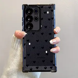 Phone Case: Fashionable Black Heart-shaped Dot Pattern Electroplated Four Corner Protective Phone Case Suitable for Samsung S24/S24 FE/S24 Ultra/S24 Plus/S23/S23 Ultra/S22 Ultra/S21/S21 FE/S20/A55/A54/A53/A52/A35/A34/A3