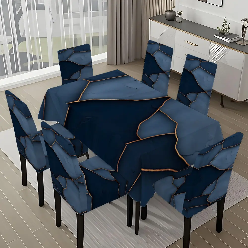 5/7-piece 2D Flat Printing Blue and Gold Cracked Splicing Printing Pattern Tablecloth and Chair Cover Set, for dining table and chair decoration, perfect for home, holiday gatherings, restaurants, and parties, Chair Covers Set