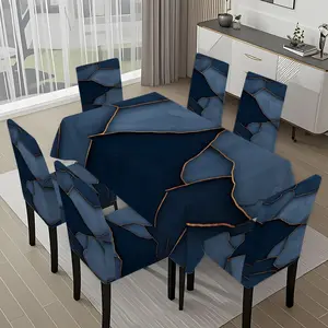5/7-piece 2D Flat Printing Blue and Gold Cracked Splicing Printing Pattern Tablecloth and Chair Cover Set, for dining table and chair decoration, perfect for home, holiday gatherings, restaurants, and parties, Chair Covers Set